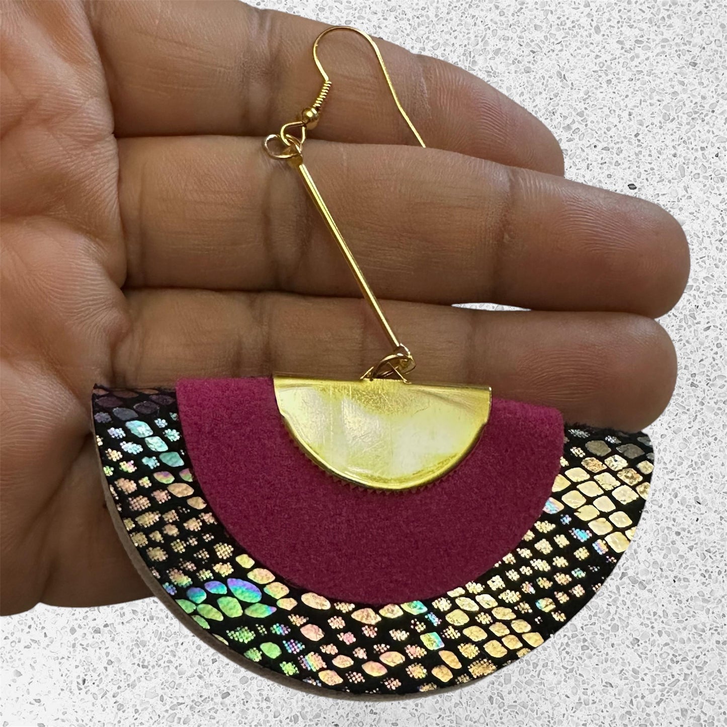 Gold Pink Embossed Leather Earrings, Black Statement Earrings, Handmade Fashion Jewelry, Trendy Summer Earrings, Leather Gift for Her
