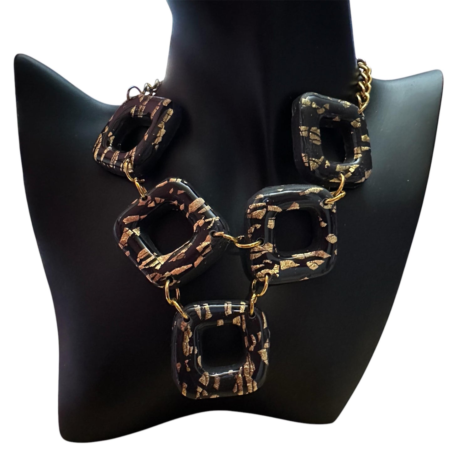 Black Gold Statement Necklace Fashionable Necklace Gift For Her Handmade Clay Jewelry Unique Design Chunky Necklace