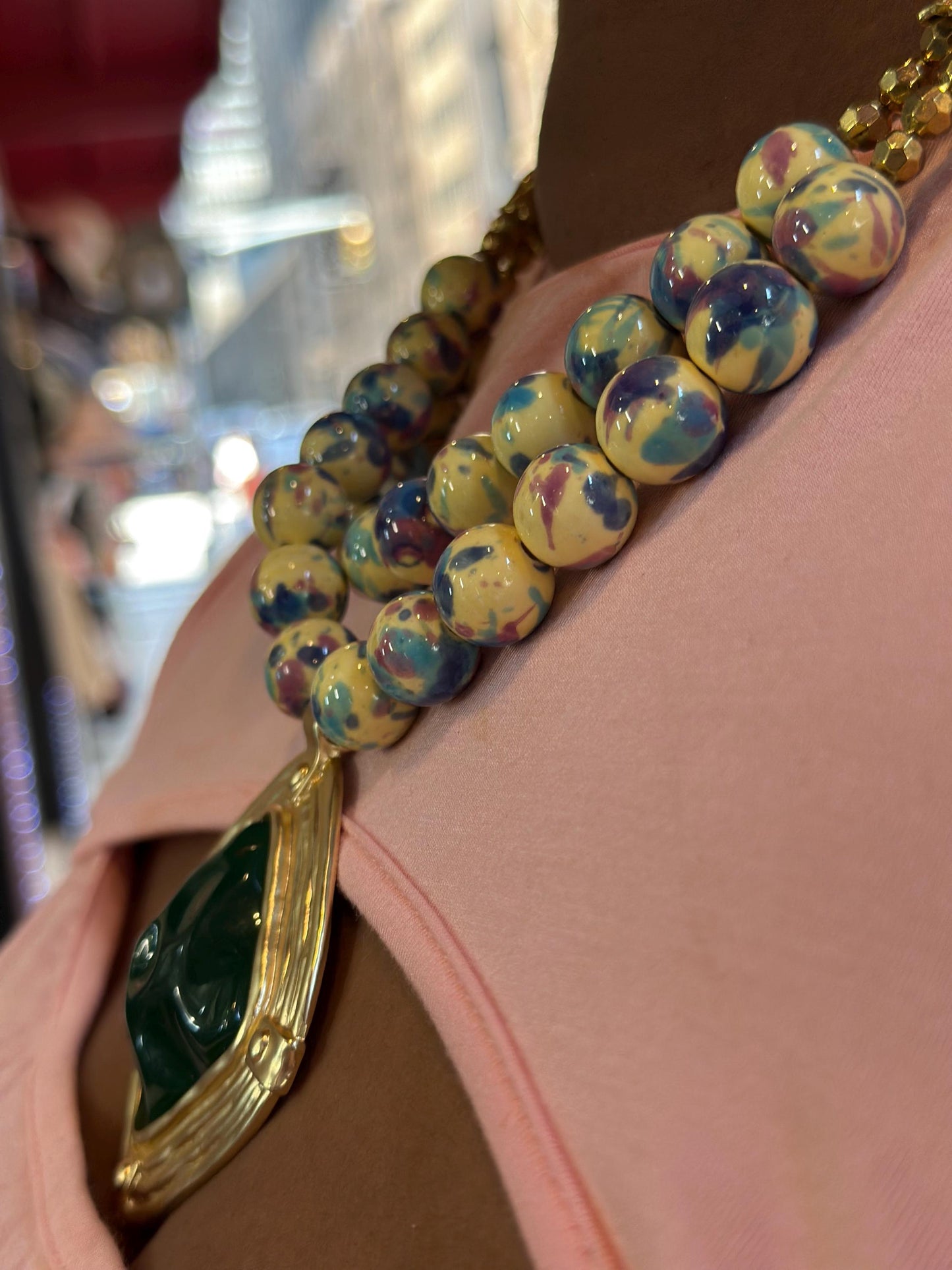 Ethnic Ceramic Bead Statement Necklace – Chunky Handmade Jewelry with Green Pendant – Bold Artistic Necklace – Tribal Neckwear by Risha