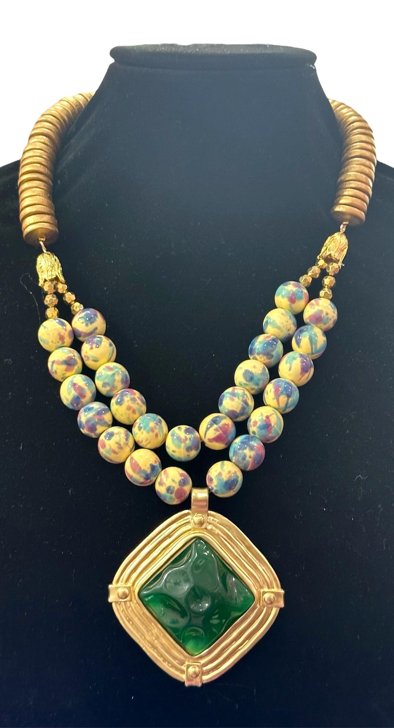 Ethnic Ceramic Bead Statement Necklace – Chunky Handmade Jewelry with Green Pendant – Bold Artistic Necklace – Tribal Neckwear by Risha