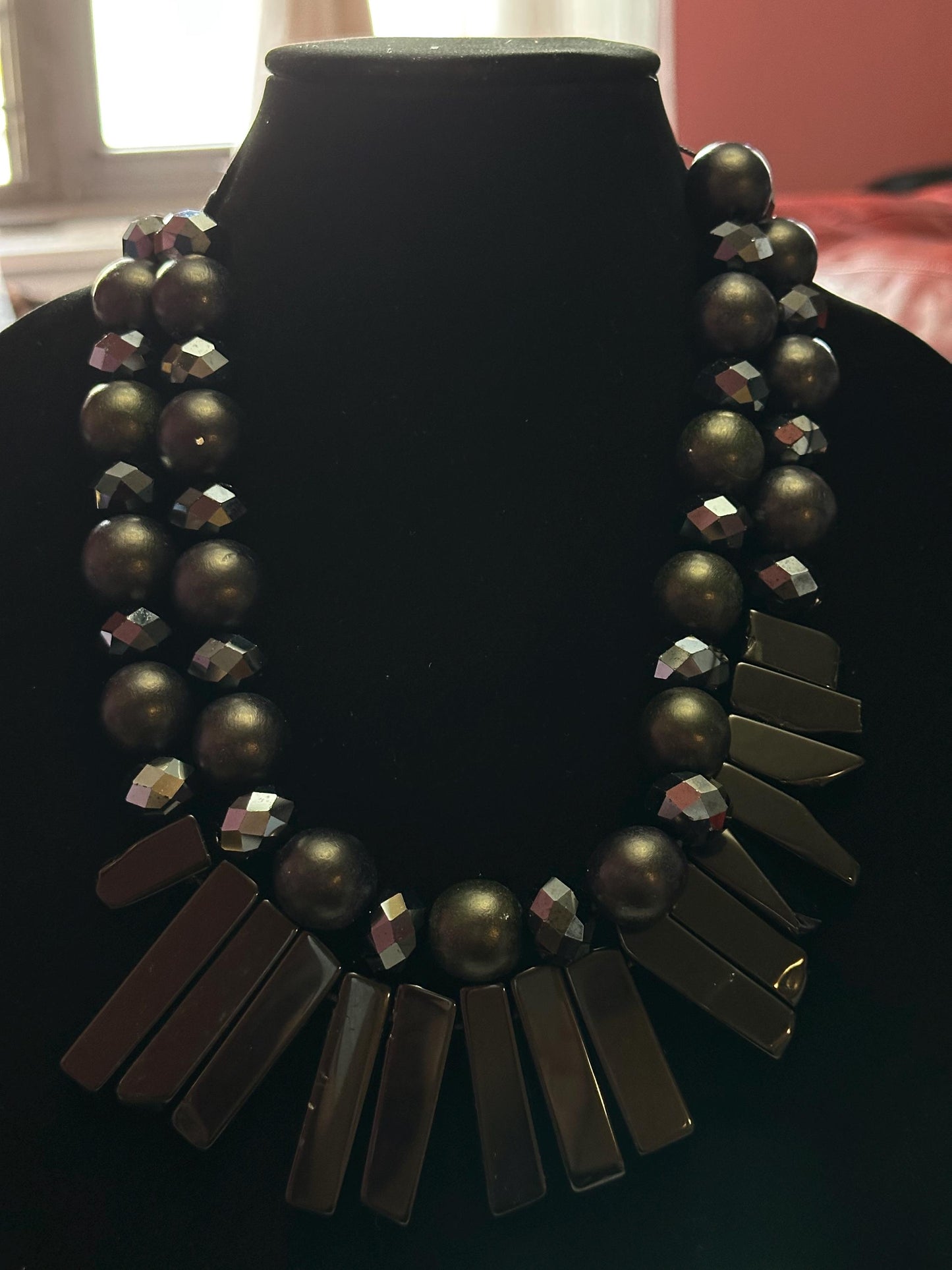 Chunky Layered Black Necklace Bold and Elegant Fashionable Chunky Long Necklace Gift For Her Handmade Jewelry Beaded Crystal Wood Statement