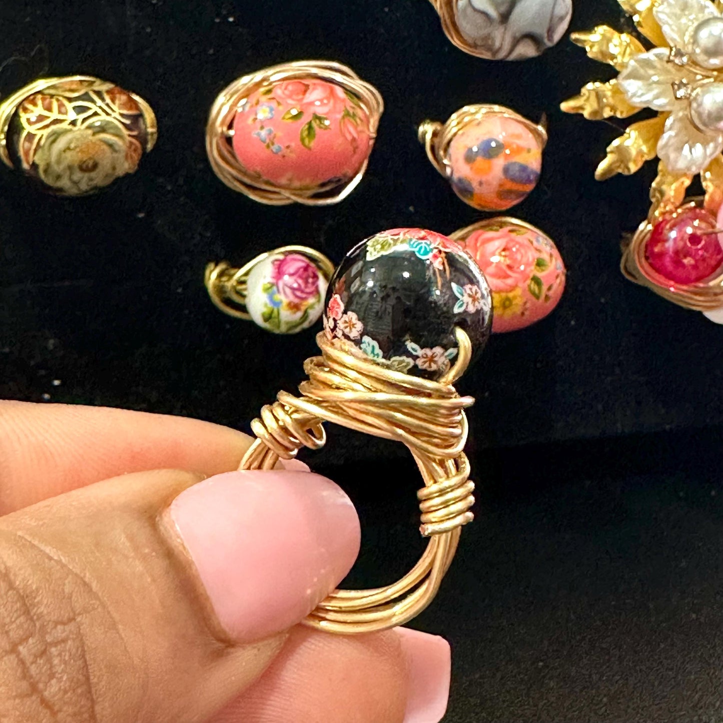 Black Japanese Floral Wire Wrapped Ring – Handmade Fixed Size Jewelry