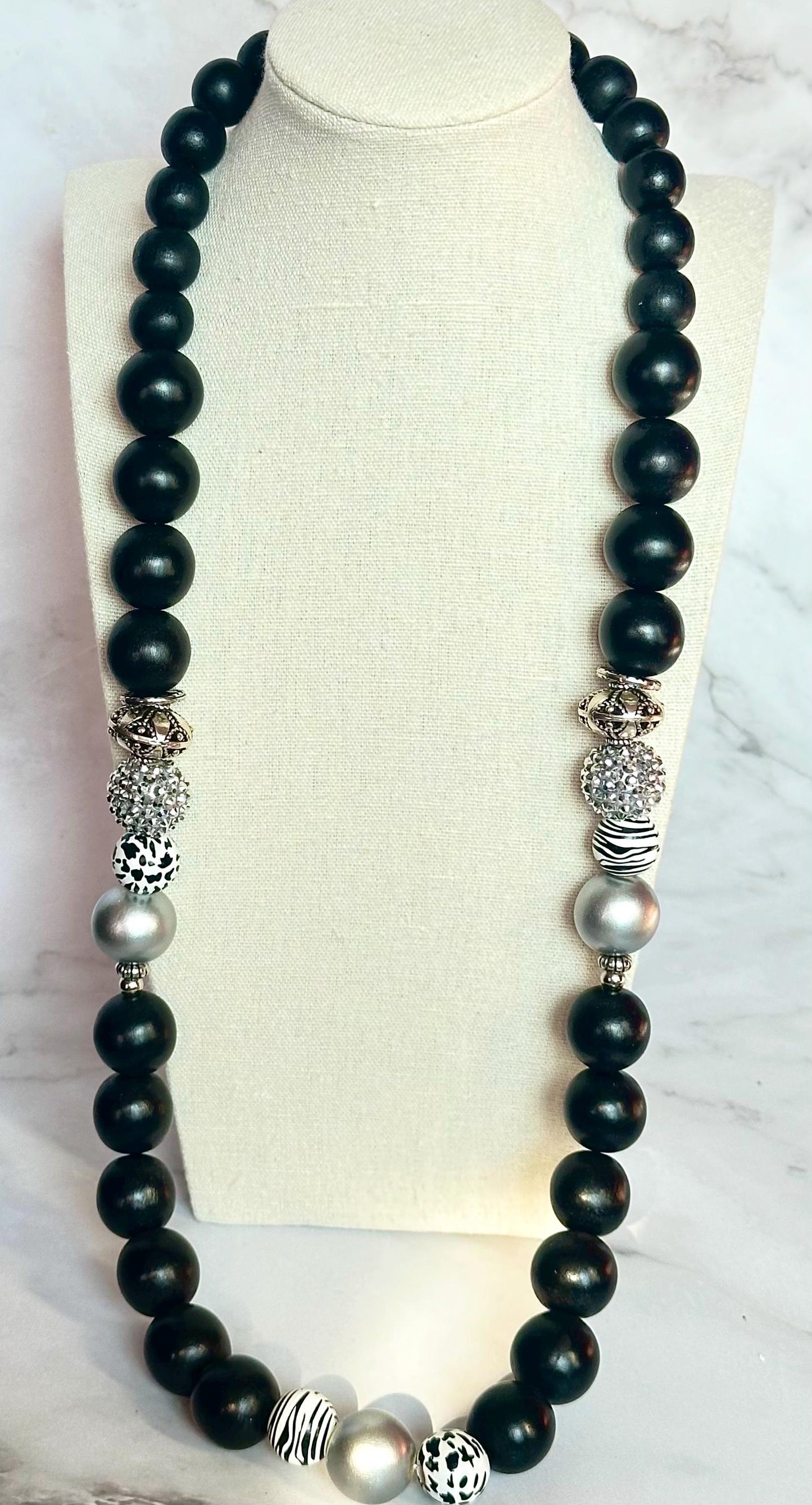 Wood Statement Necklace Black Gold Beaded Necklace Fashionable Chunky Long Multi Strand Necklace Gift For Her Handmade Jewelry Necklace Set