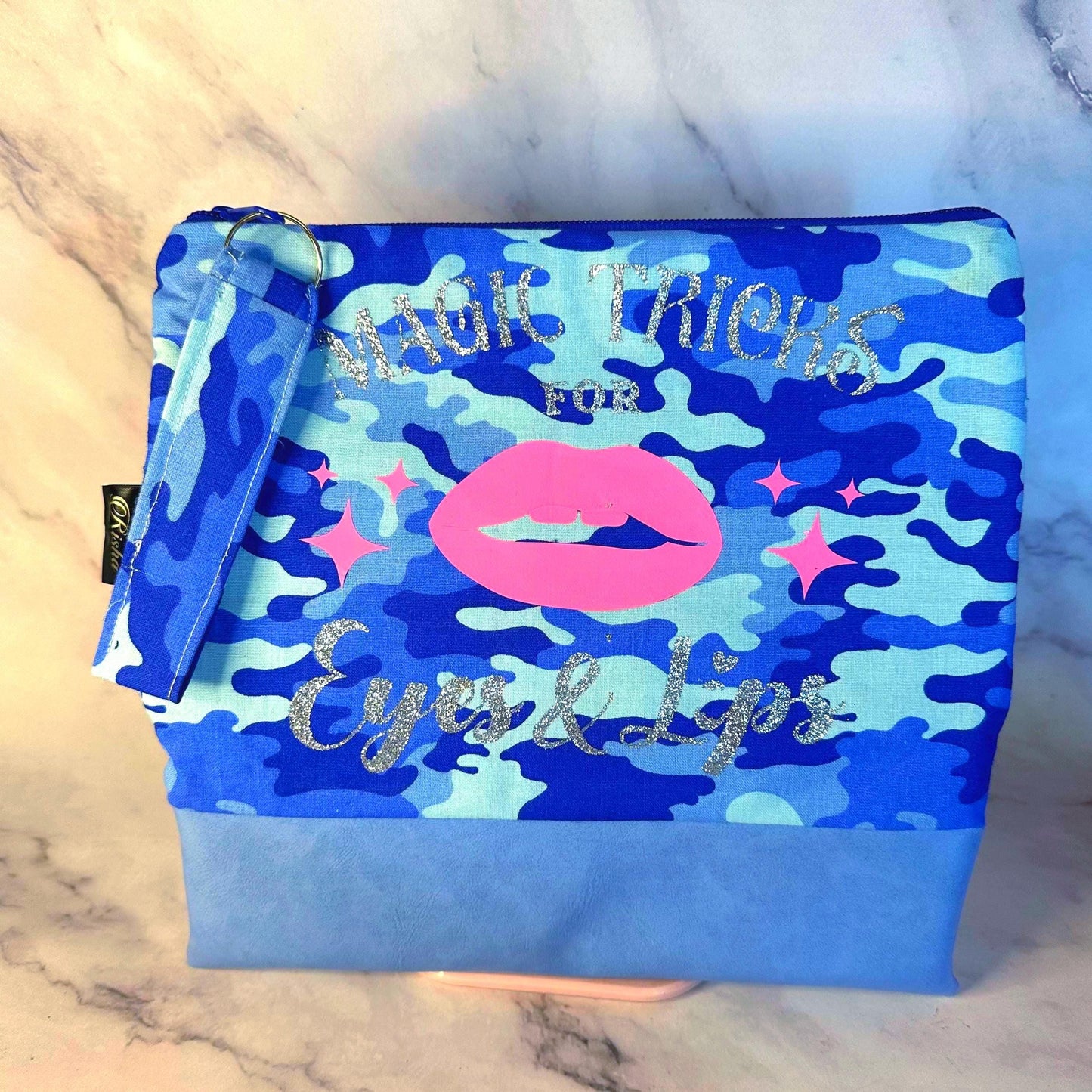Blue Camo Makeup Bag, Oversized Clutch, Makeup Bag, Makeup Pouch, Travel Bag, Clutch, Wristlet, Gift for Her, Christmas Gift, Fashion Bags