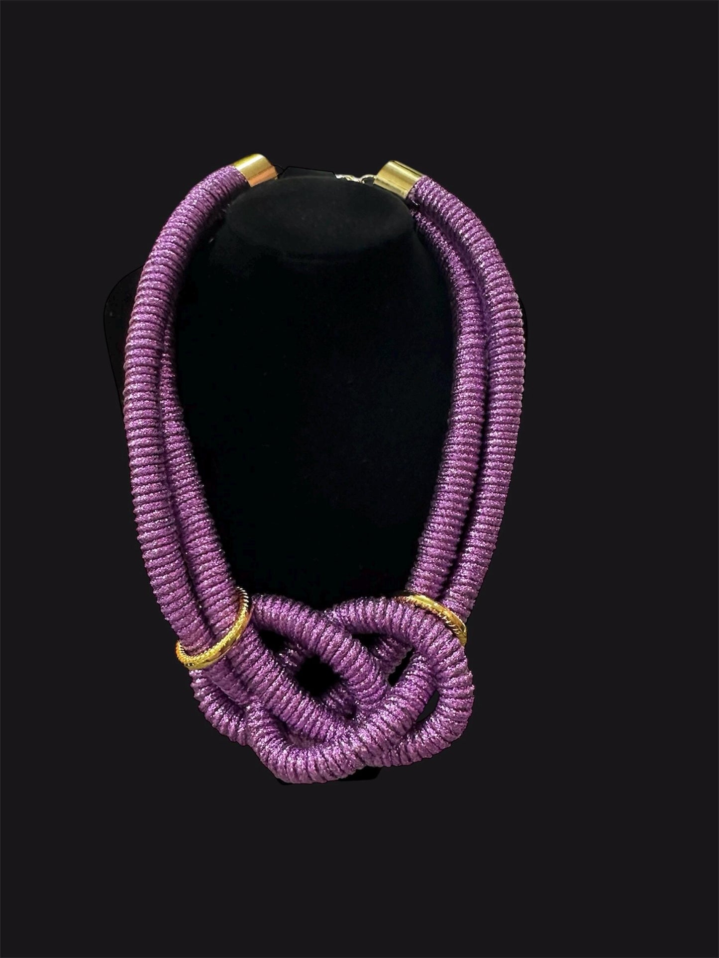 Bold Purple Macrame Statement Necklace – Glitter Knot Bib with Gold Accents – Handmade Sculptural Neckpiece – Designed by Risha