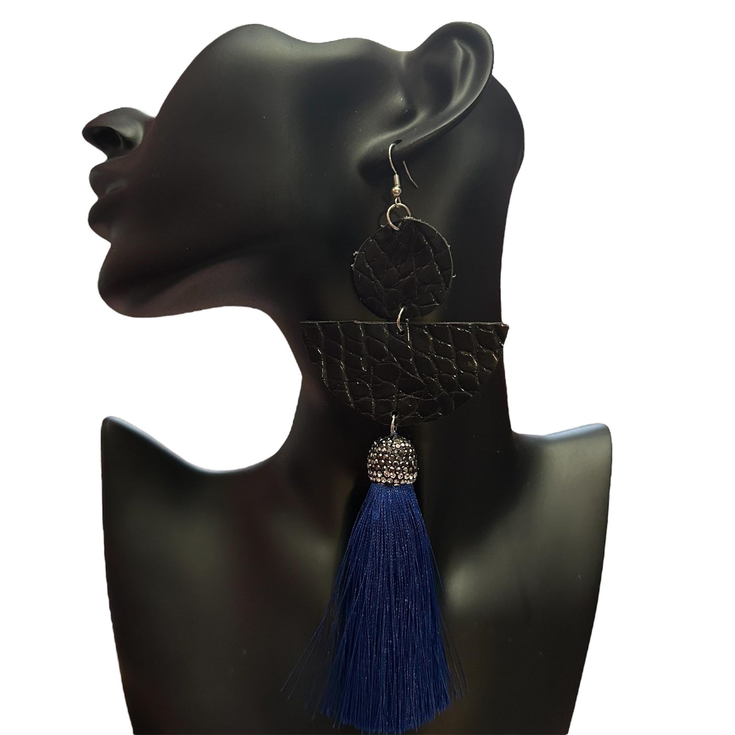 Embossed Blue Faux Leather Tassel Earrings | Dangle Statement Earrings | Lightweight Bold Earrings | Boho Fashion Jewelry for Women