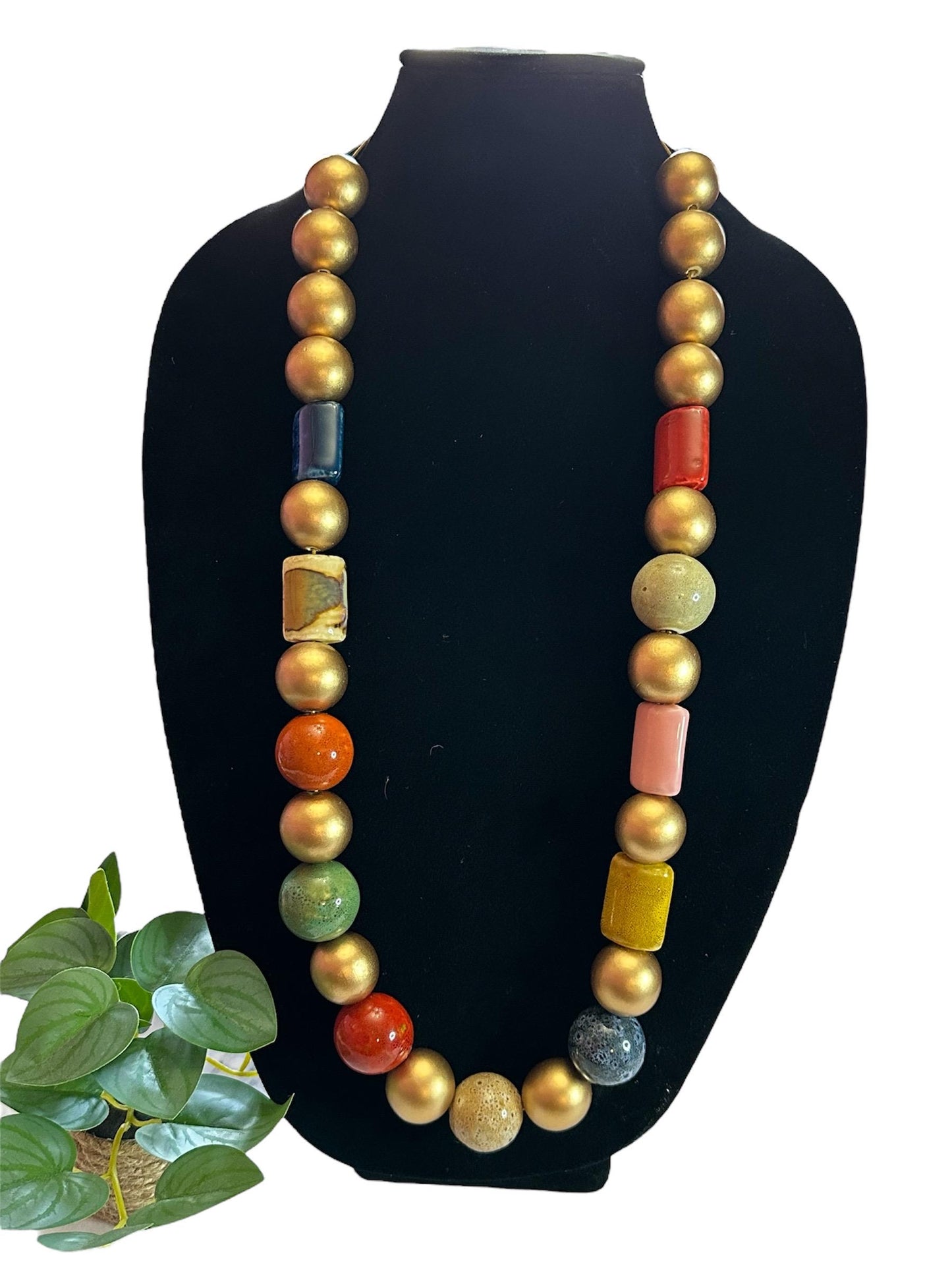 Colorful Statement Necklace – Chunky Gold and Ceramic Beaded Jewelry – Bold Boho Necklace – Handmade Mixed Bead Choker – Artistic Gift for H
