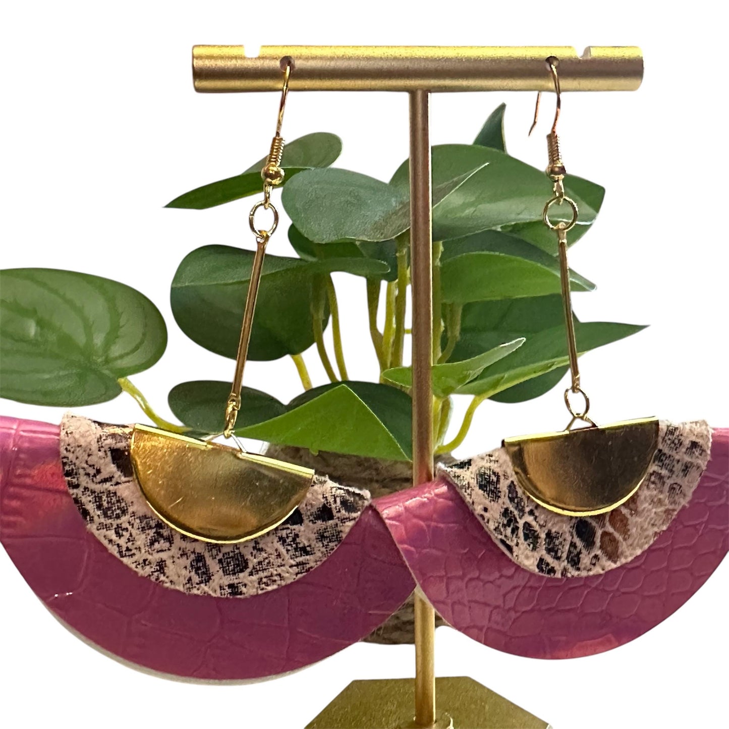 Gold Pink Faux Leather Earrings, Black Statement Earrings, Handmade Fashion Jewelry, Trendy Summer Earrings, Lightweight Dangle Gift
