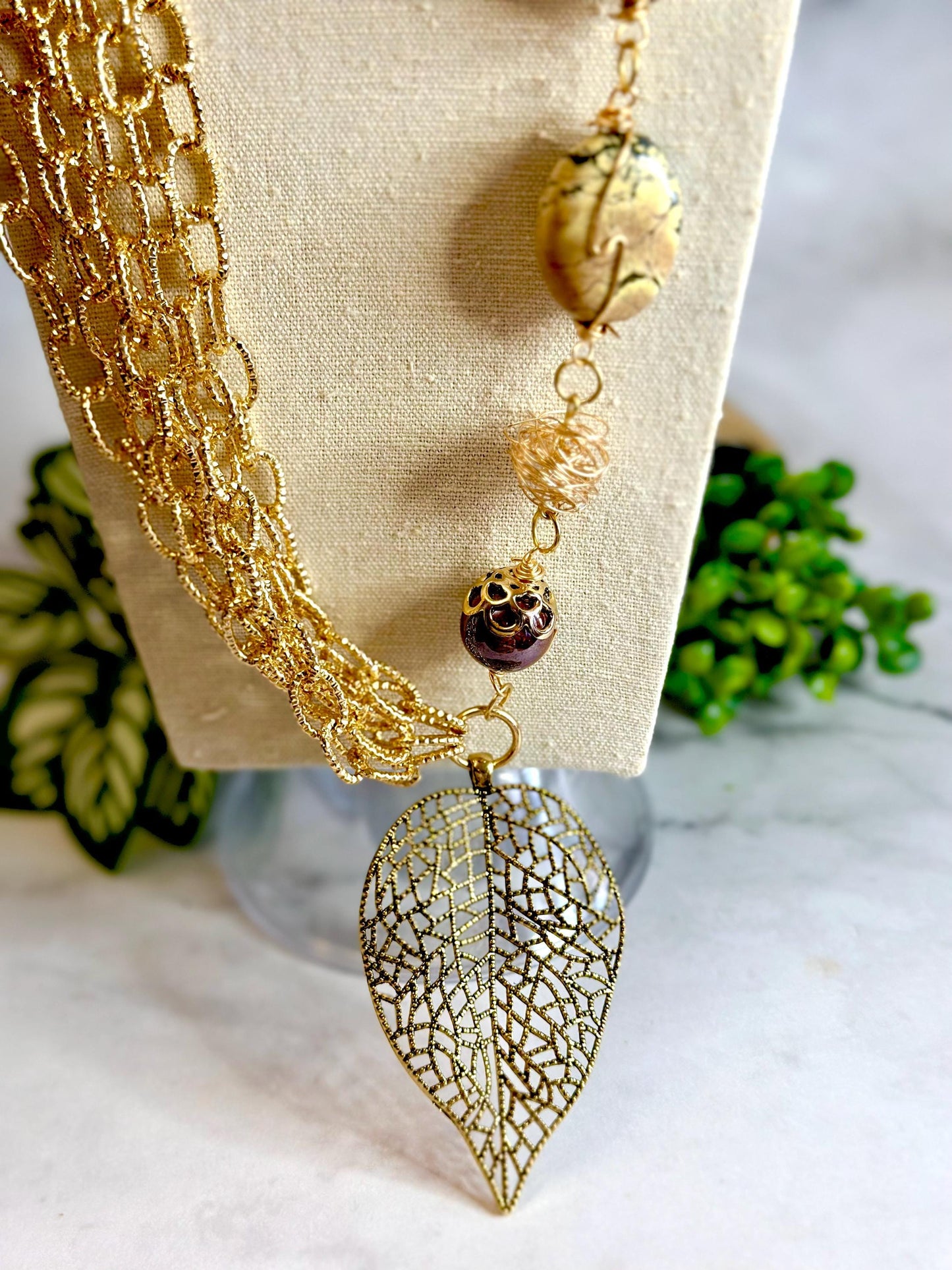 Gold Chain Link Leaf Pendant Statement Necklace Fashionable Necklace Gift Handmade Jewelry Unique Design Necklace Mothers Day Spring