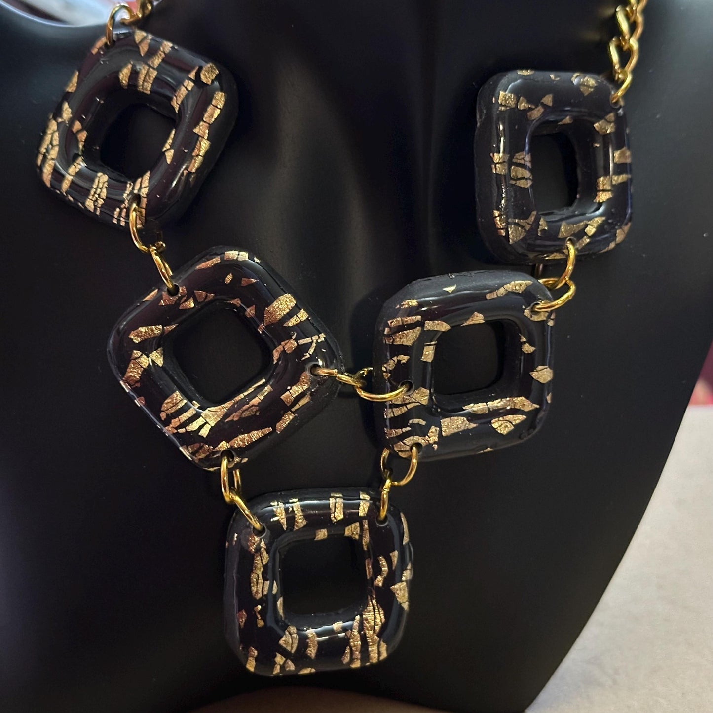 Black Gold Statement Necklace Fashionable Necklace Gift For Her Handmade Clay Jewelry Unique Design Chunky Necklace