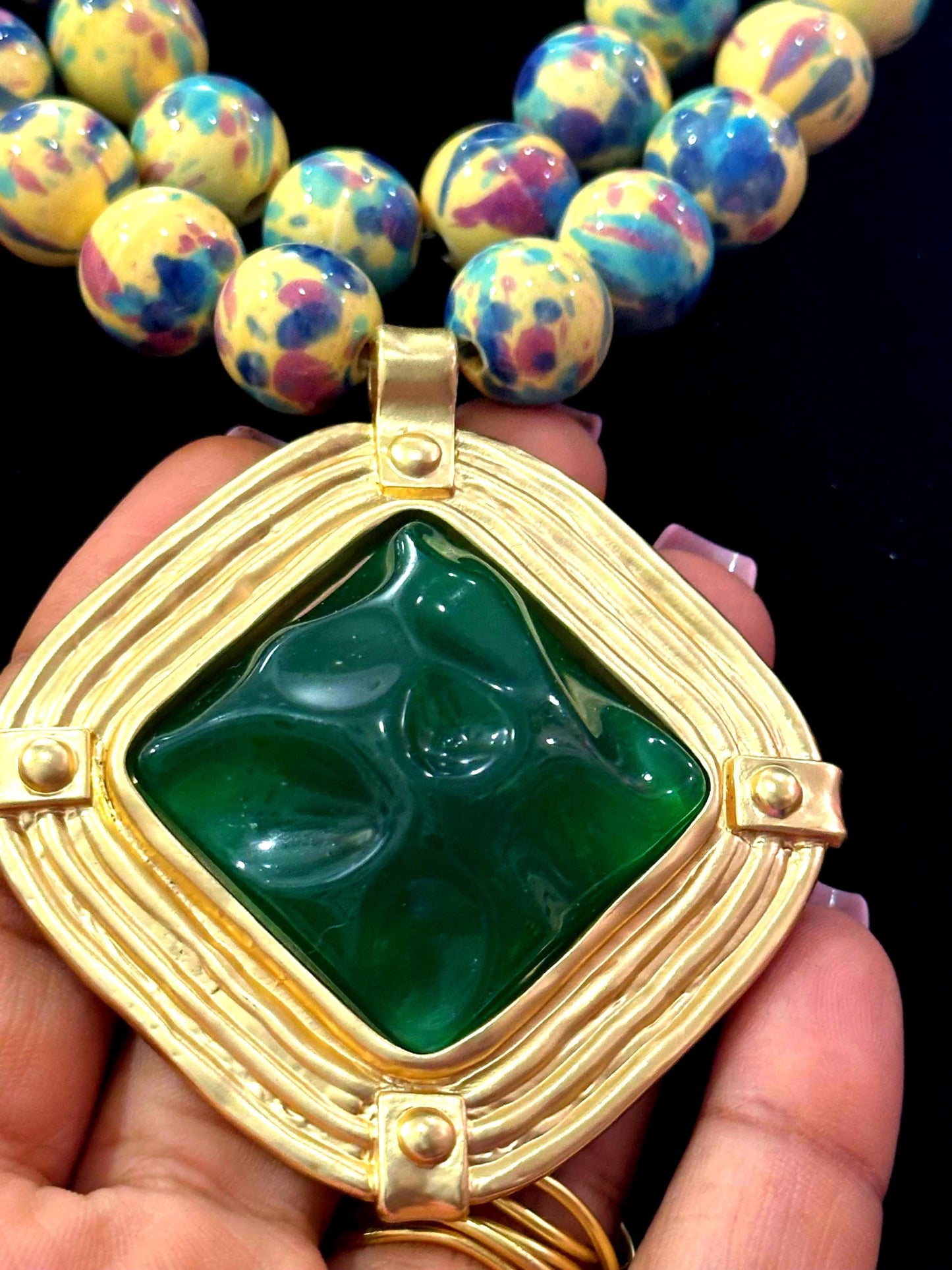 Ethnic Ceramic Bead Statement Necklace – Chunky Handmade Jewelry with Green Pendant – Bold Artistic Necklace – Tribal Neckwear by Risha