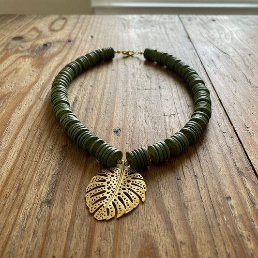 Green Coconut Shell Necklace: Chunky Wood Beads, Matte Gold Pendant