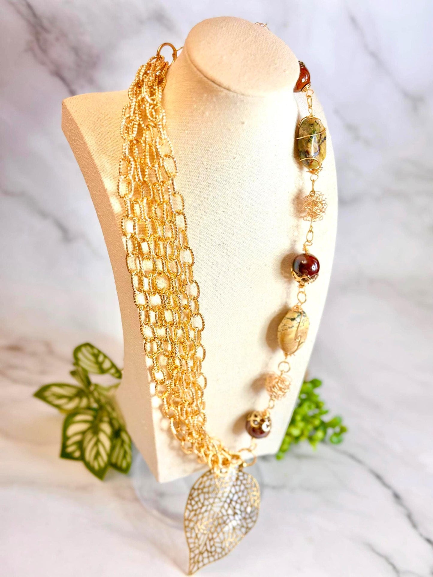 Gold Chain Link Leaf Pendant Statement Necklace Fashionable Necklace Gift Handmade Jewelry Unique Design Necklace Mothers Day Spring