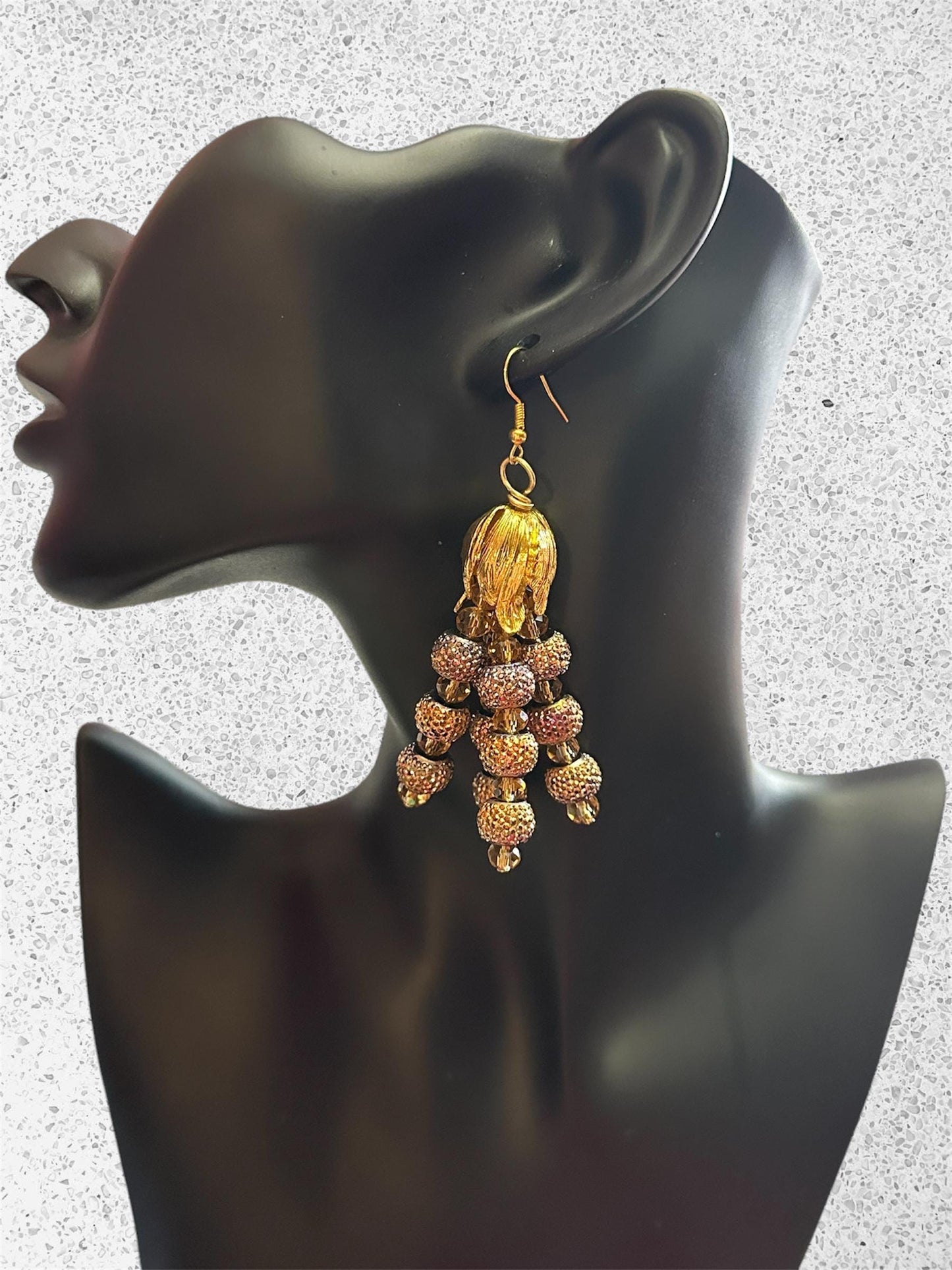 Gold Formal Earrings - Lightweight Beaded Evening Jewelry - Gift for Her, Dazzling Statement Earrings