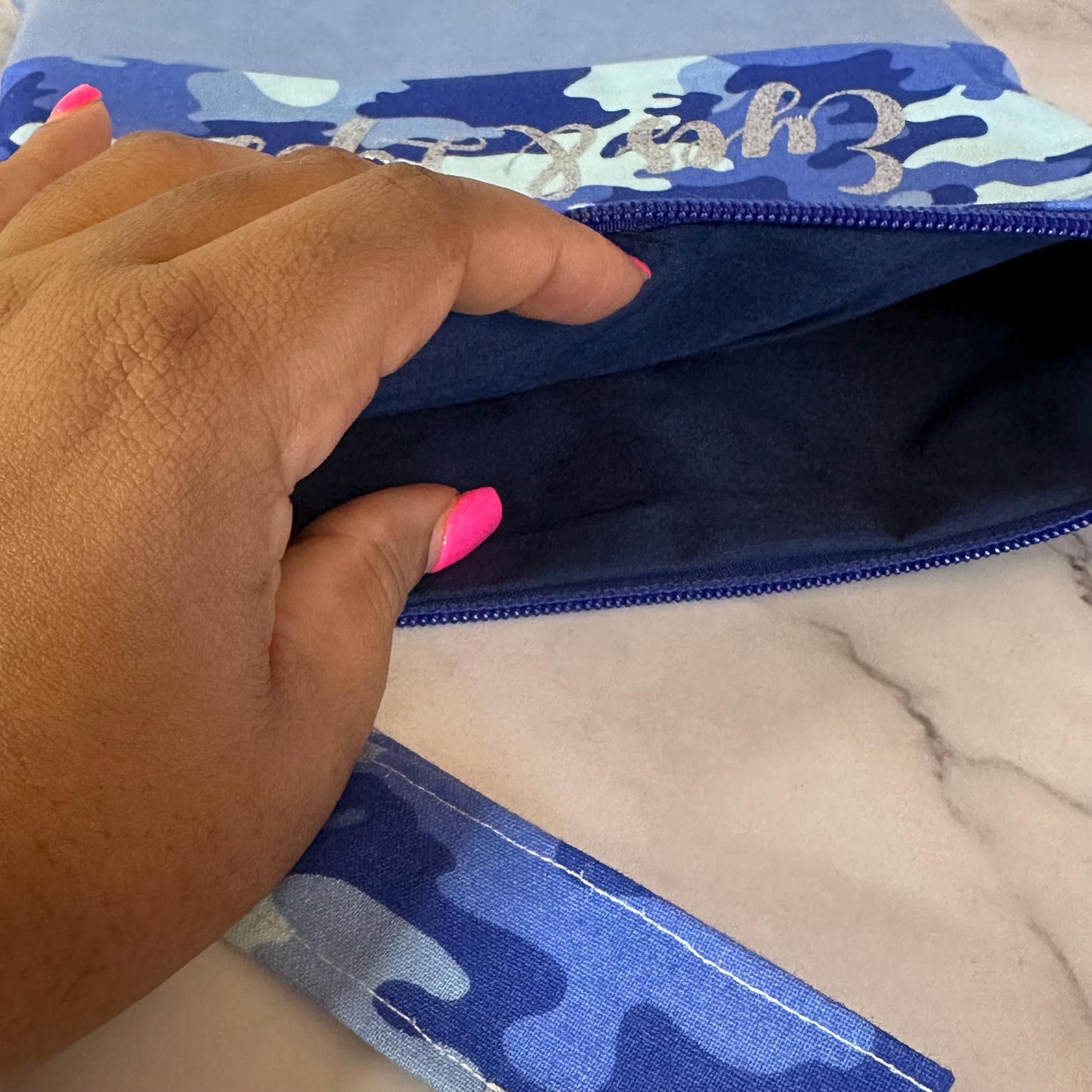Blue Camo Makeup Bag, Oversized Clutch, Makeup Bag, Makeup Pouch, Travel Bag, Clutch, Wristlet, Gift for Her, Christmas Gift, Fashion Bags