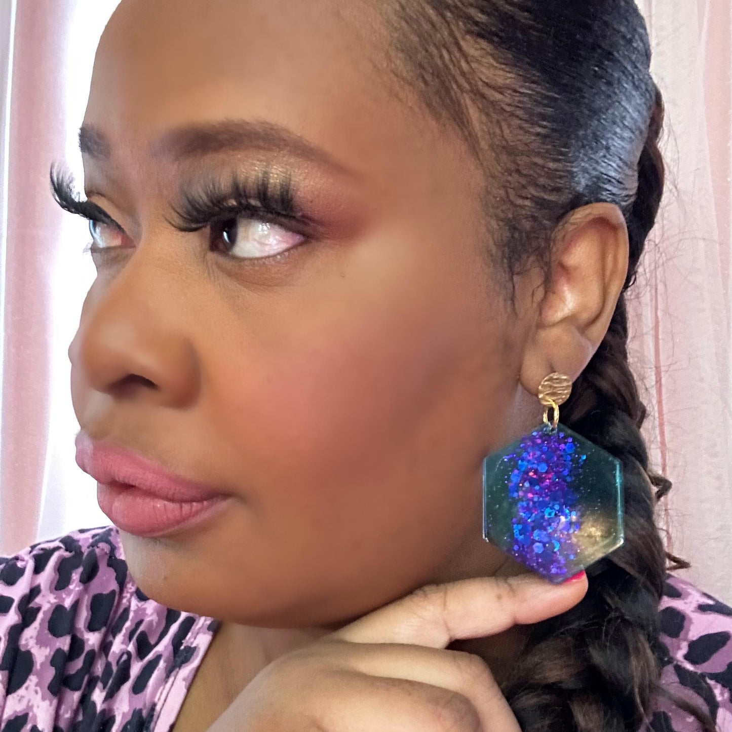 Ocean Galaxy Hexagon Resin Earrings – Blue & Purple Glitter Statement Earrings with Gold Studs | Handmade by DesignedByRisha