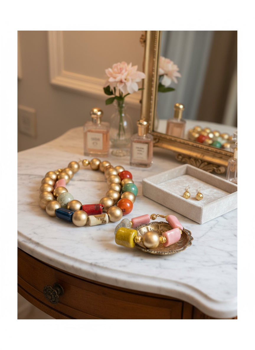 Colorful Chunky Gold and Ceramic Beaded Jewelry – Bold Boho Necklace