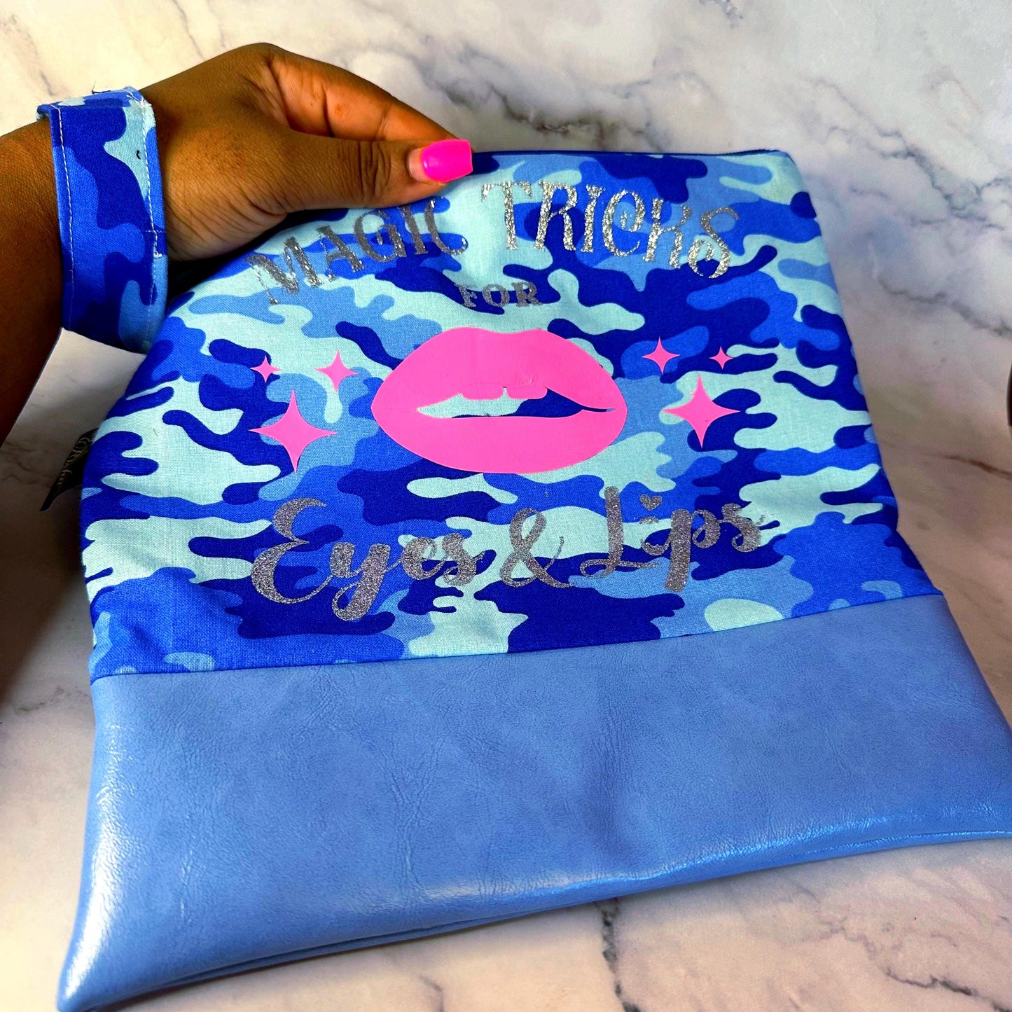 Blue Camo Makeup Bag, Oversized Clutch, Makeup Bag, Makeup Pouch, Travel Bag, Clutch, Wristlet, Gift for Her, Christmas Gift, Fashion Bags