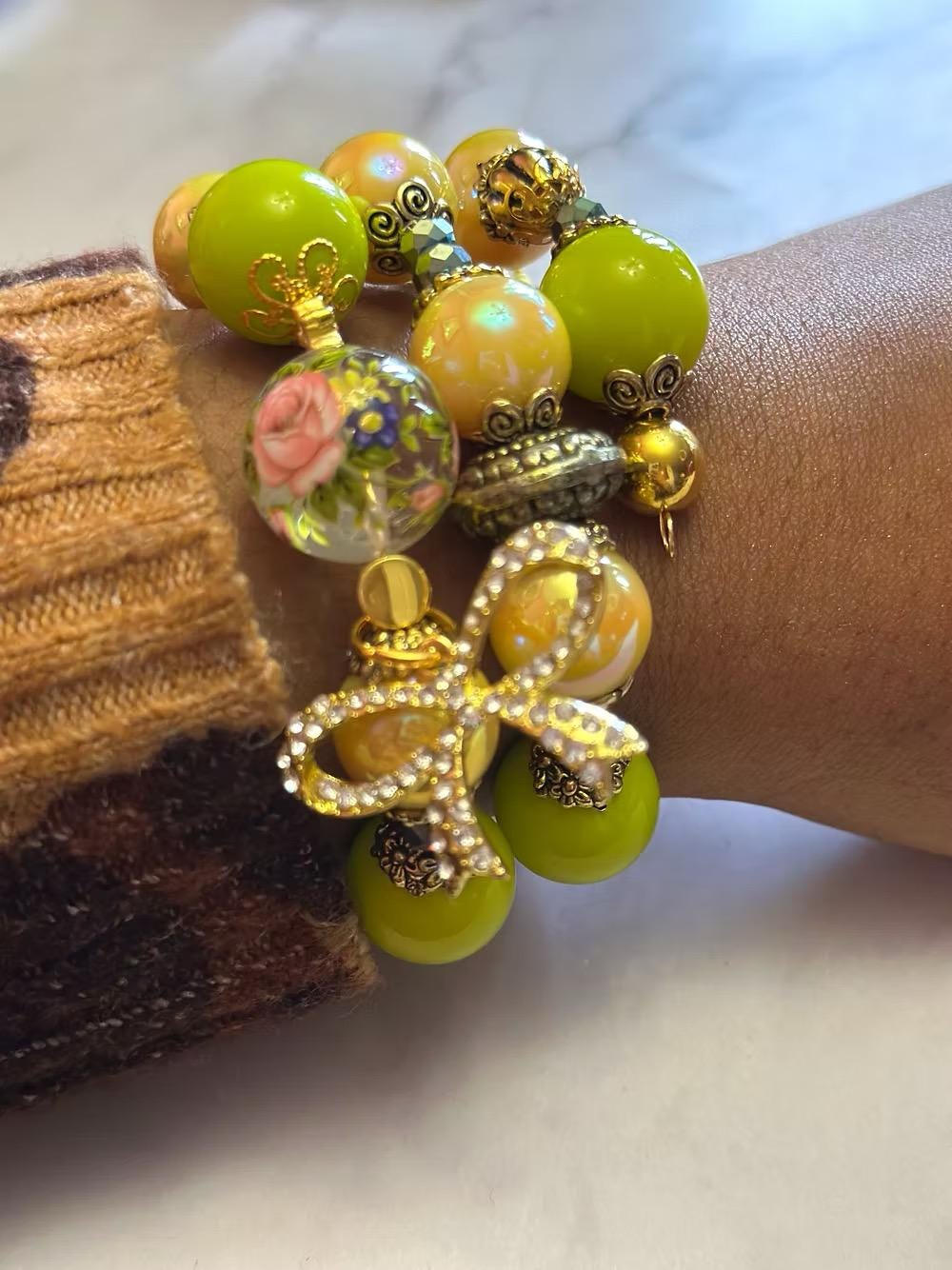 Green Gold Spring Wrapped Bracelets Stacked Mothers Day Easter Gift Gift for Her Gift Ideas Handmade Jewelry Bangle Beaded Bracelets Charms