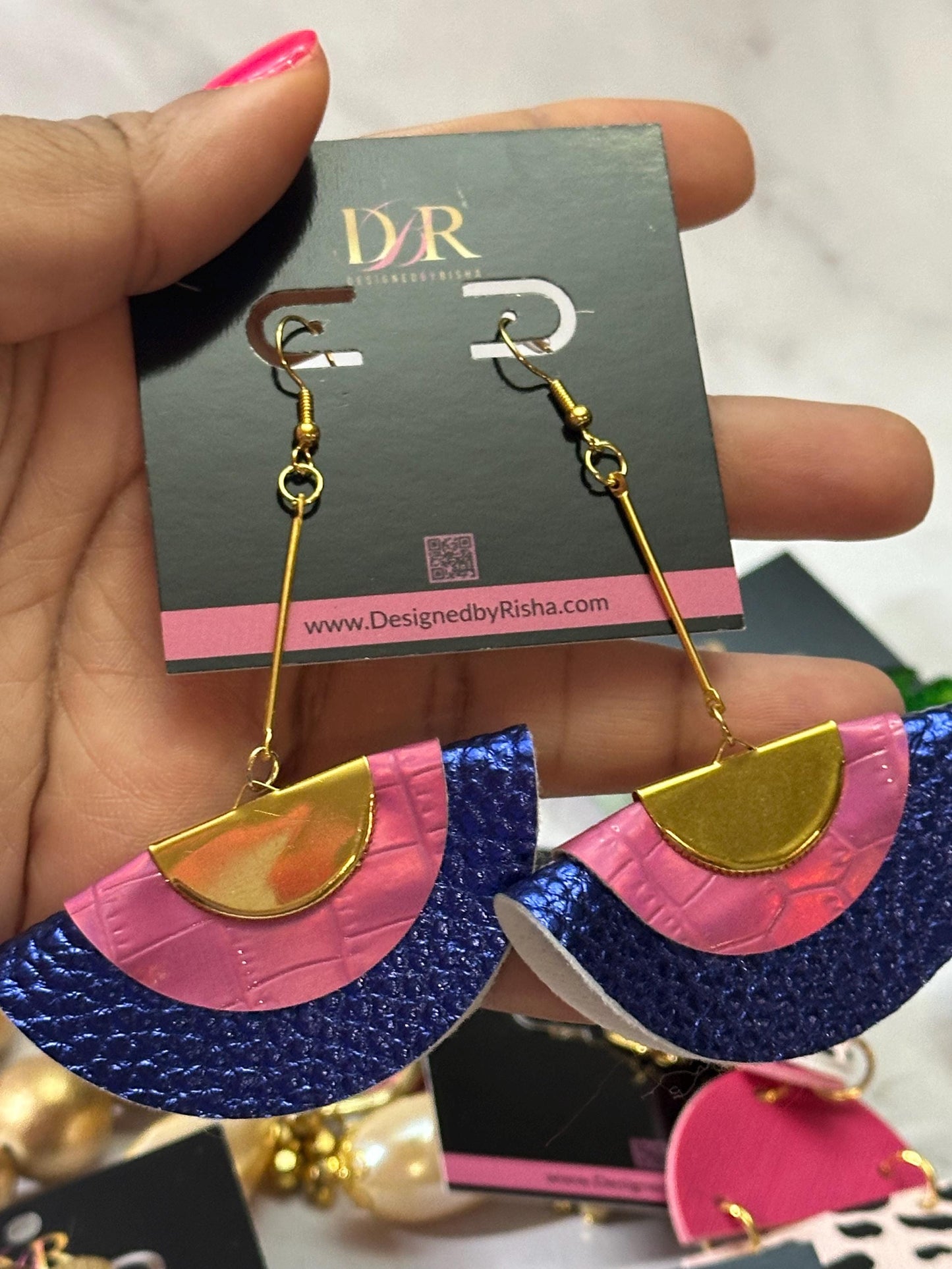 Gold Royal Blue Pink Faux Leather Handmade Statement Dangle Earrings