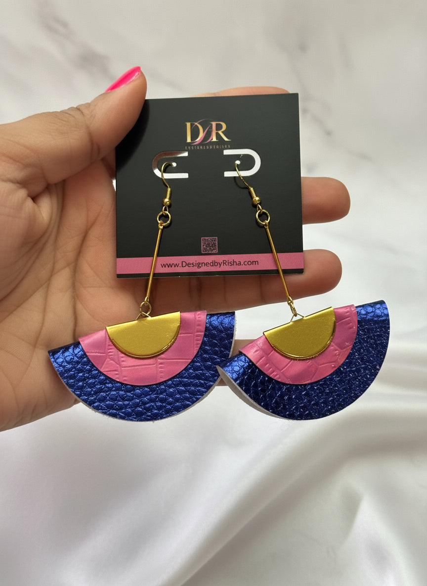 Gold Royal Blue Pink Faux Leather Handmade Statement Dangle Earrings