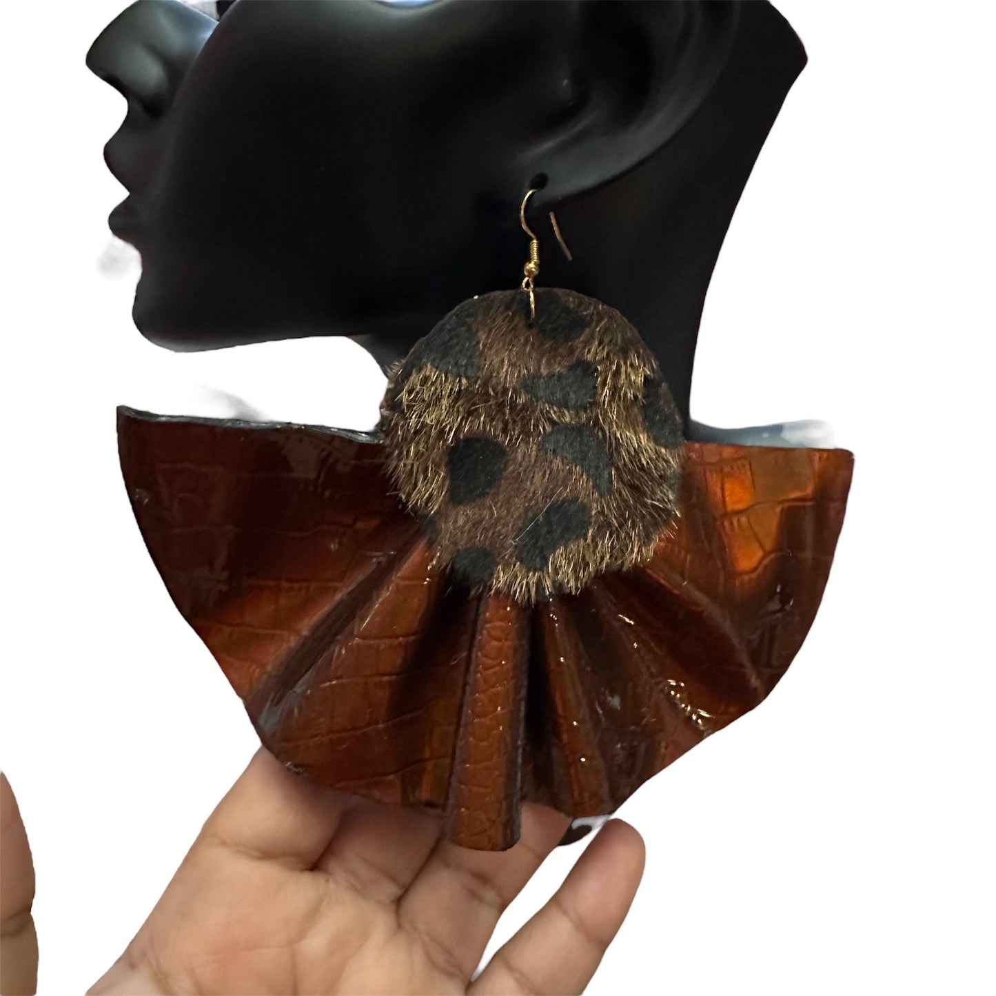 Snake Print Brown Handmade Earrings, Python Earrings Elegant Earrings Faux Leather Lightweight Earrings Ruffle Earrings Fabric Earrings New