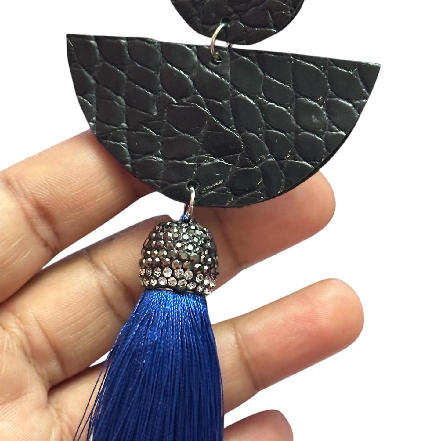 Embossed Blue Faux Leather Tassel Earrings | Dangle Statement Earrings | Lightweight Bold Earrings | Boho Fashion Jewelry for Women