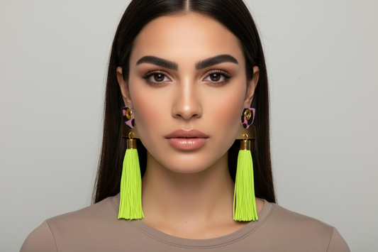 Neon Green Tassel Earrings, Pink Leopard Statement Fringe Dangle Earrings for Spring or Summer