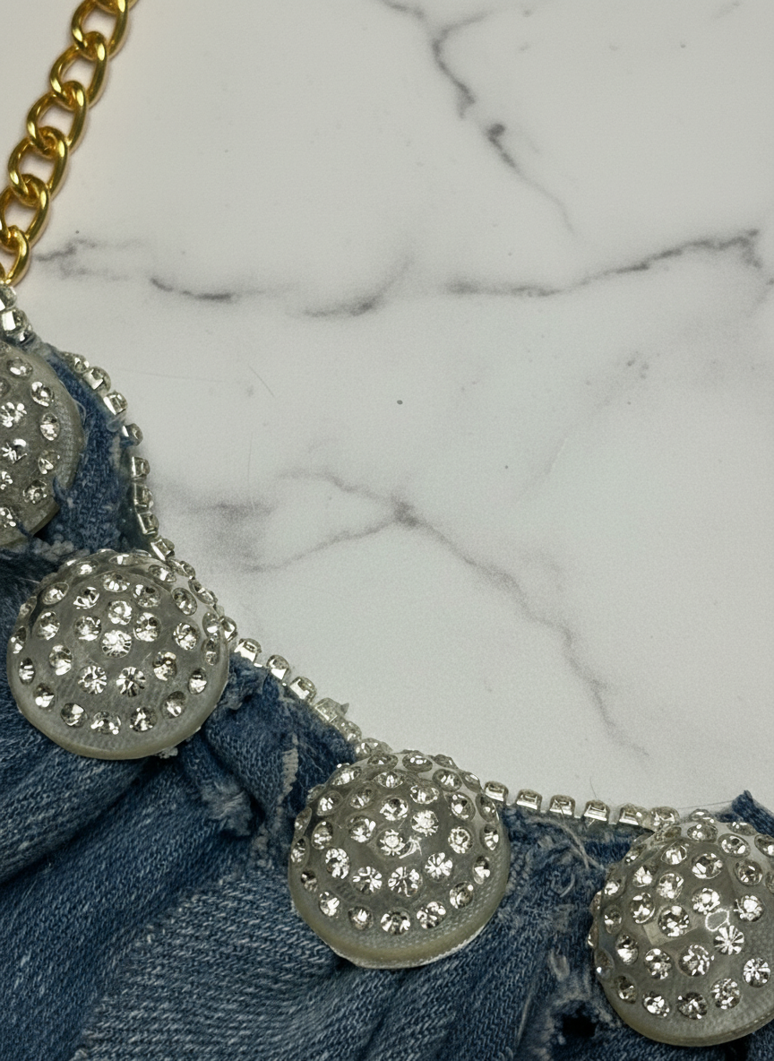 Ruffle Denim Bib Necklace with Rhinestone Buttons
