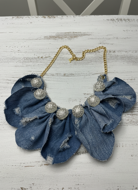 Ruffle Denim Bib Necklace with Rhinestone Buttons