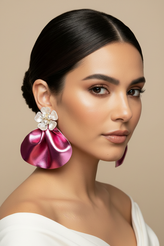 Oversized Pink Earrings with Floral Pearls: Bold Lightweight Handmade Statement Jewelry
