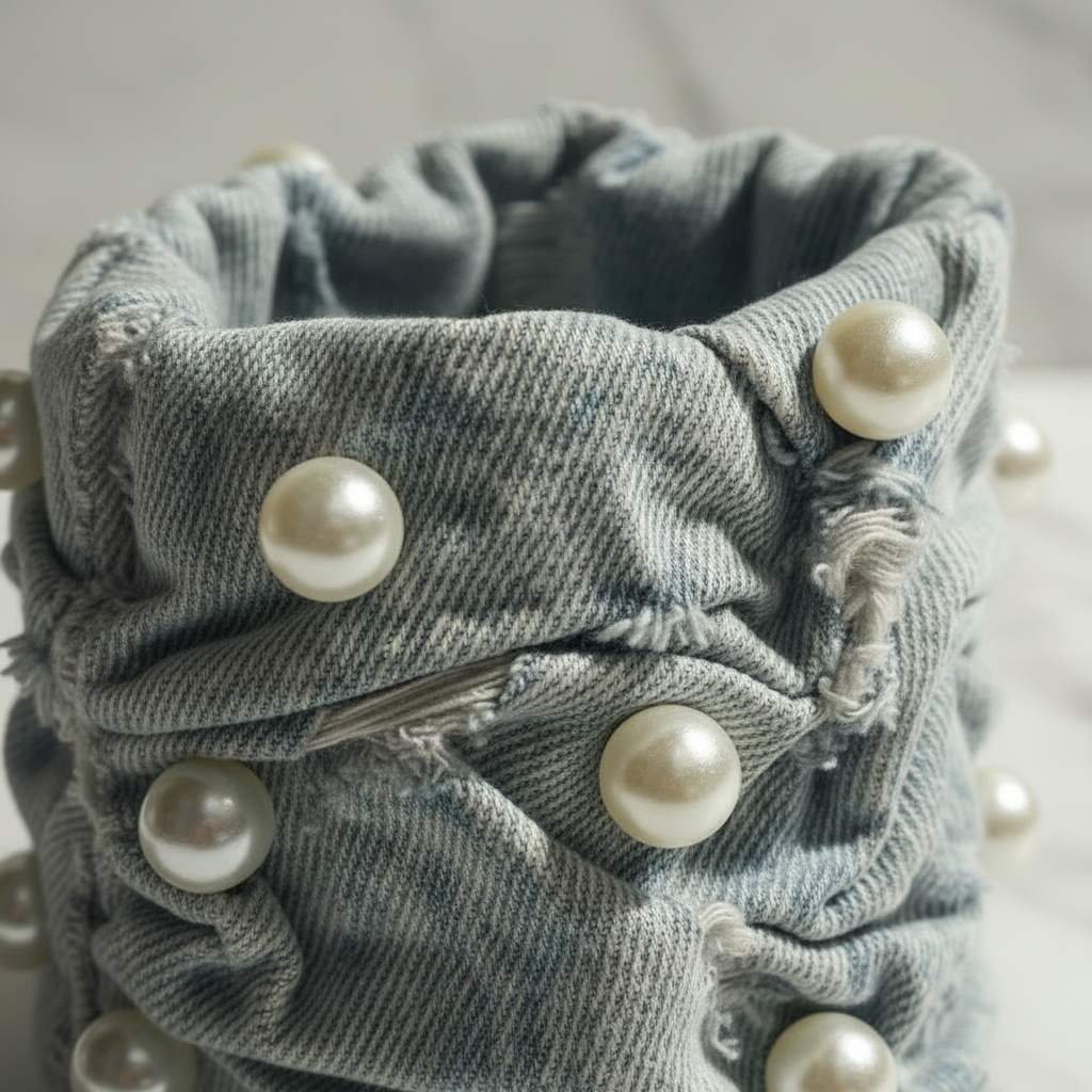 Distressed Chunky Denim Cuff with Pearls | Bold Fashion Statement Bracelet