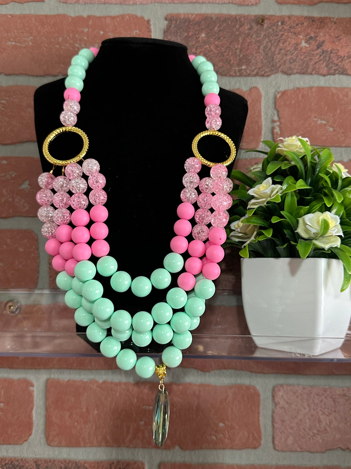 Multi-Layered Pink and Mint Beaded Statement Necklace | Chunky Handmade Jewelry | Colorful Bold Necklace | Gift for Her