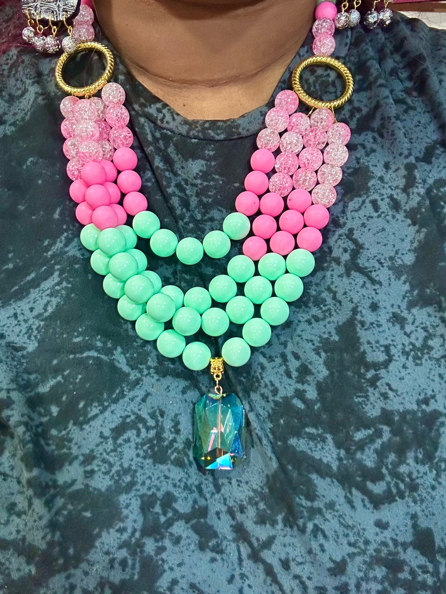 Multi-Layered Pink and Mint Beaded Statement Necklace | Chunky Handmade Jewelry | Colorful Bold Necklace | Gift for Her