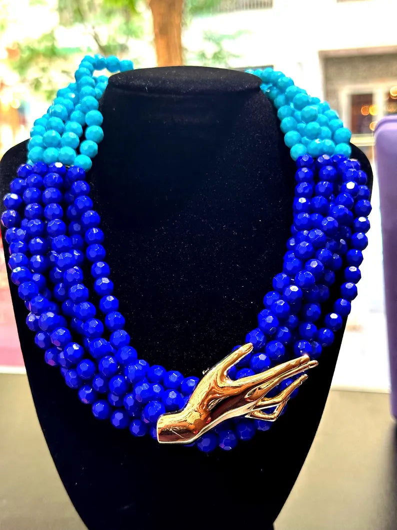 Bold Blue Multi-Strand Statement Necklace with Gold Hand Clasp – Handmade Beaded Choker – Boho Art Jewelry
