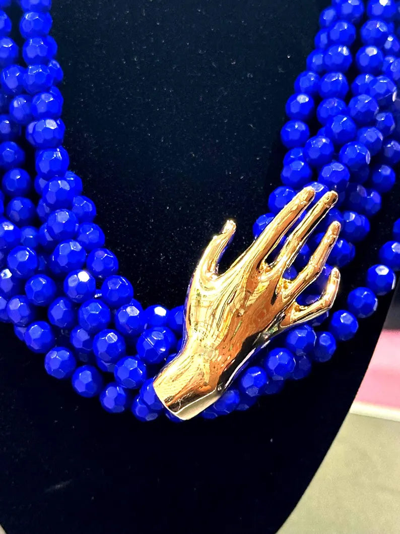 Bold Blue Multi-Strand Statement Necklace with Gold Hand Clasp – Handmade Beaded Choker – Boho Art Jewelry