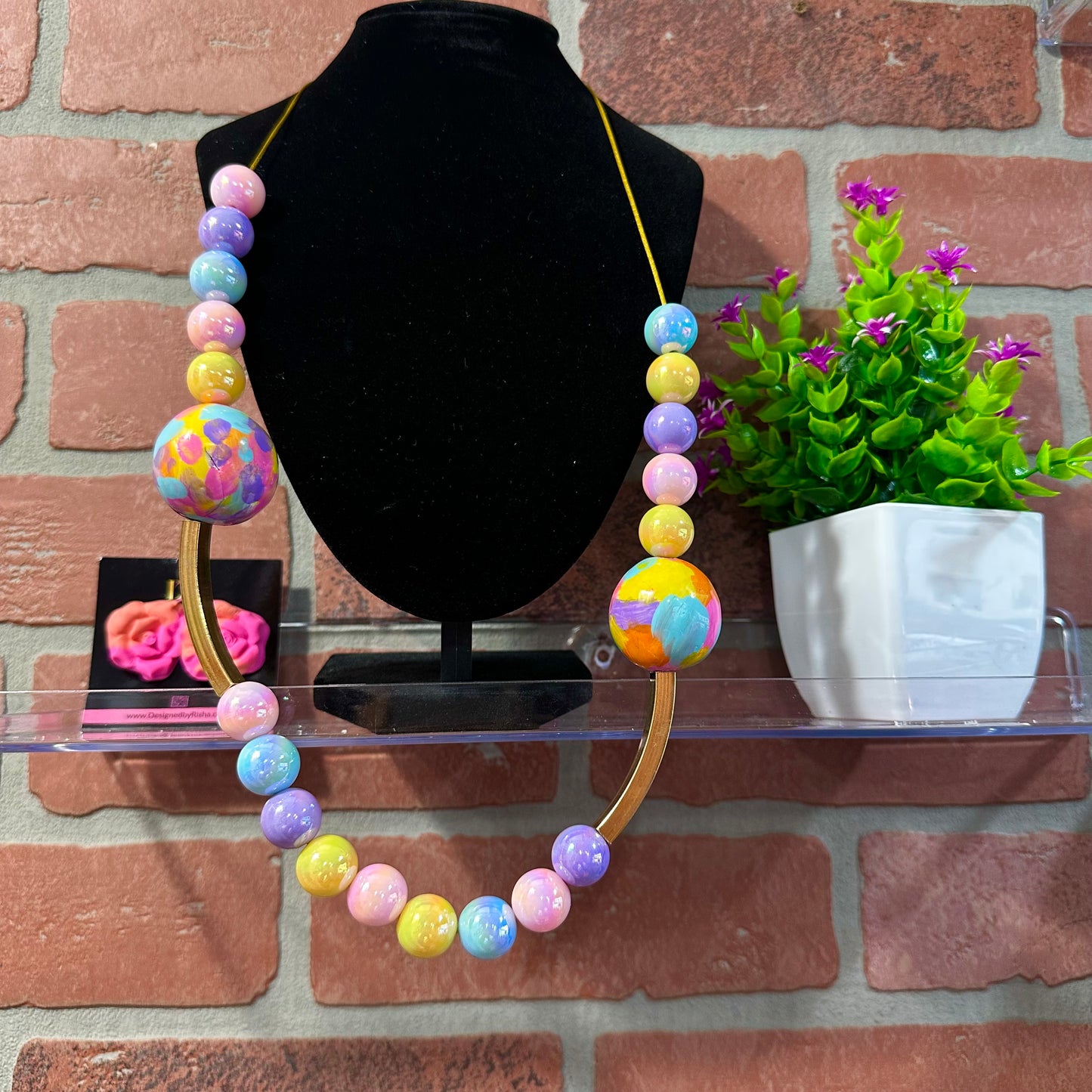 Handmade Colorful Clay Bead Necklace – Lightweight Statement Jewelry – Hand Painted, Bold, Artistic Necklace Made in NYC
