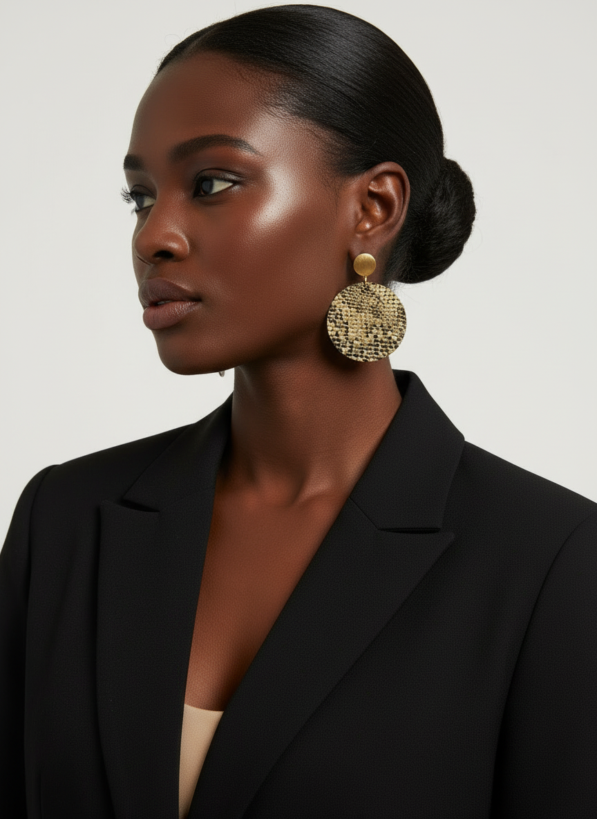 Gold Green Python Upcycled Leather & Wood Earrings