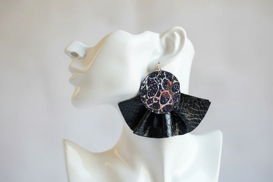 Black Ruffle Faux Leather Overdsized Earrings - Bold Statement Jewelry