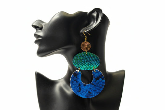Blue Snakeskin Print Bold Long Statement Spring Earrings