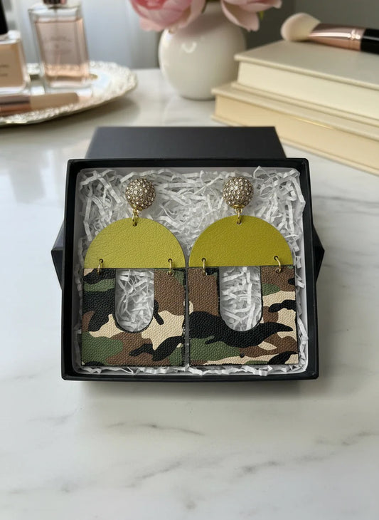Camo Statement Earrings: Geometric Leather Jewelry with Rhinestones
