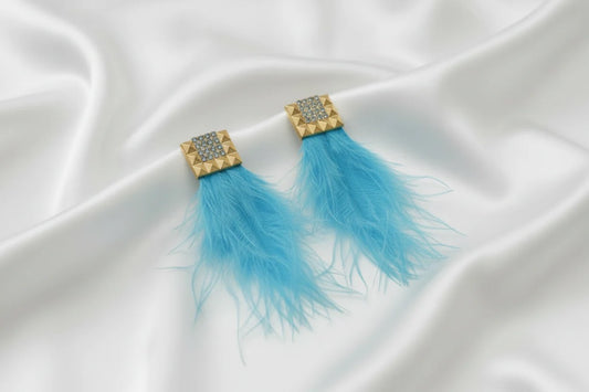 Blue Feather Earrings, Gold Stud Boho Statement, Lightweight Bridal Jewelry Gift for Her