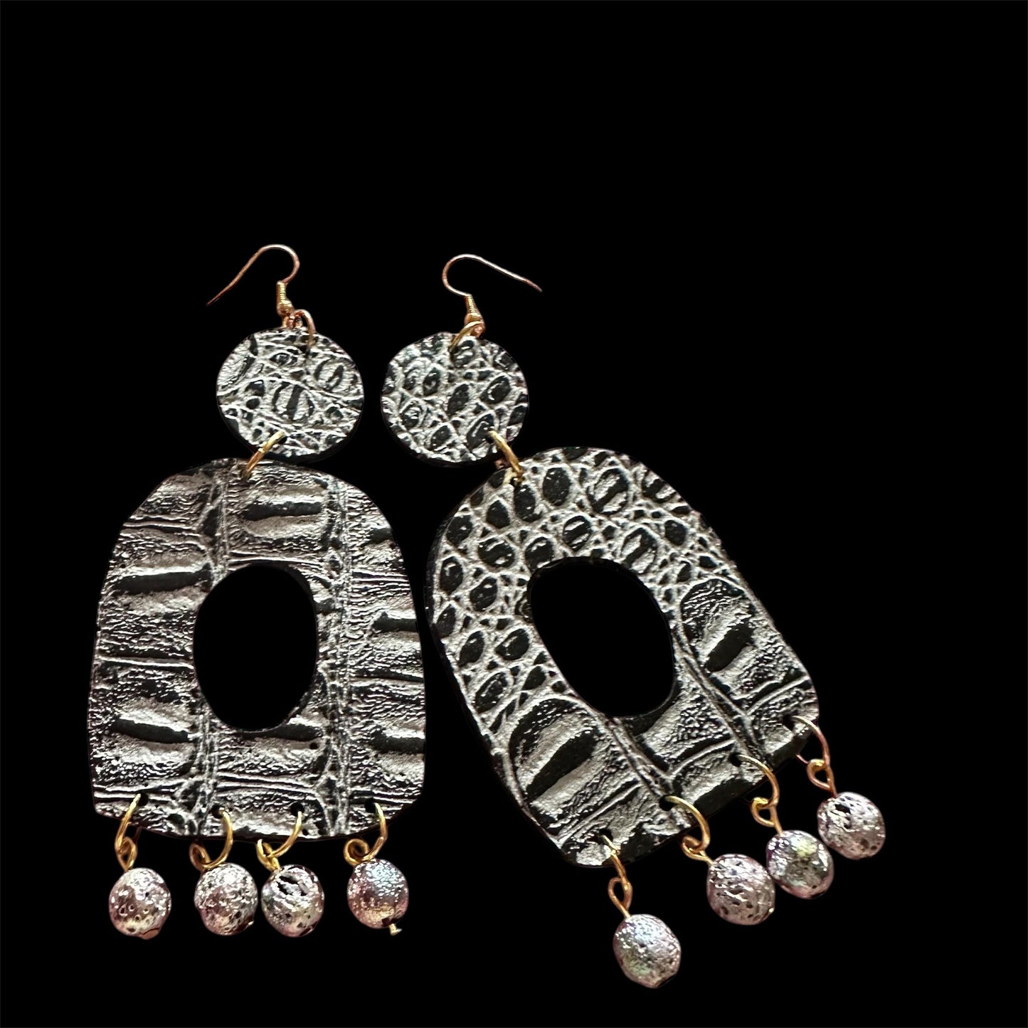 Beaded Ostrich Leather Handmade Earrings, Black Earrings, Valentines Day Jewelry, Vegan Leather Earrings, Trendy Earrings, Beaded Earrings
