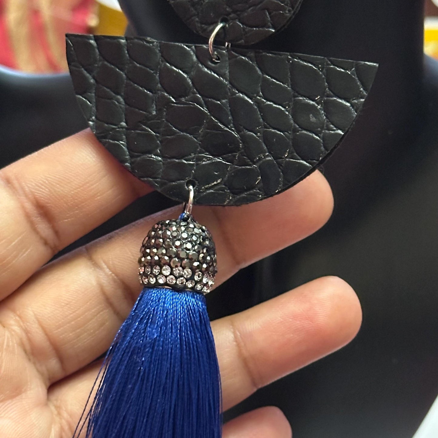 Embossed Blue Faux Leather Tassel Earrings | Dangle Statement Earrings | Lightweight Bold Earrings | Boho Fashion Jewelry for Women
