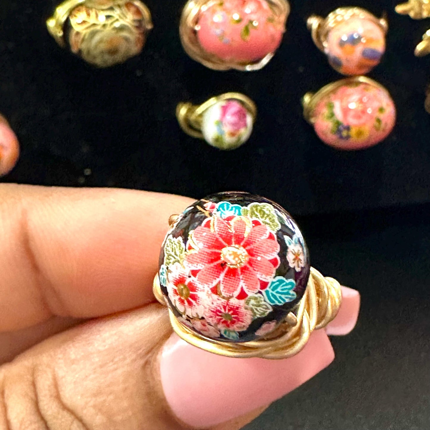 Black Japanese Floral Wire Wrapped Ring – Handmade Fixed Size Jewelry