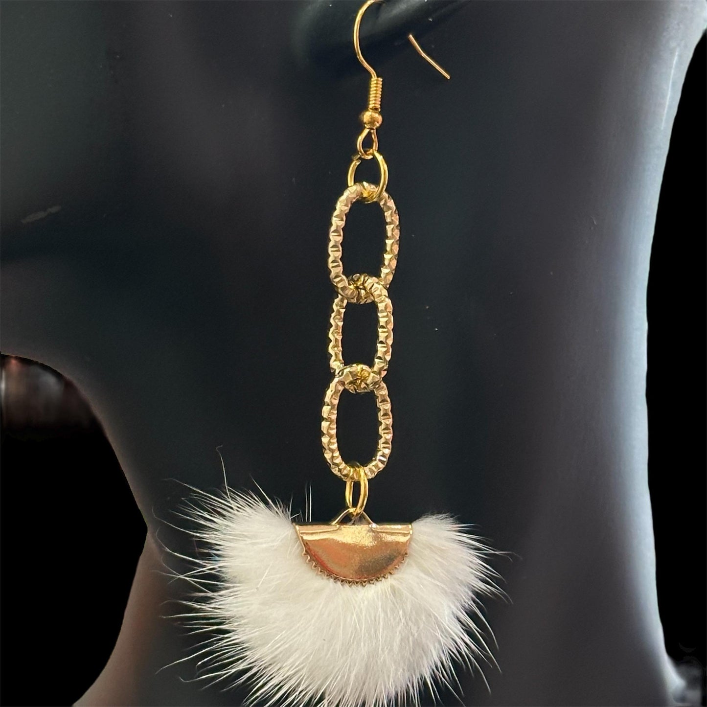 Faux Fur Dangle Earrings: Pink White and Gold Jewelry