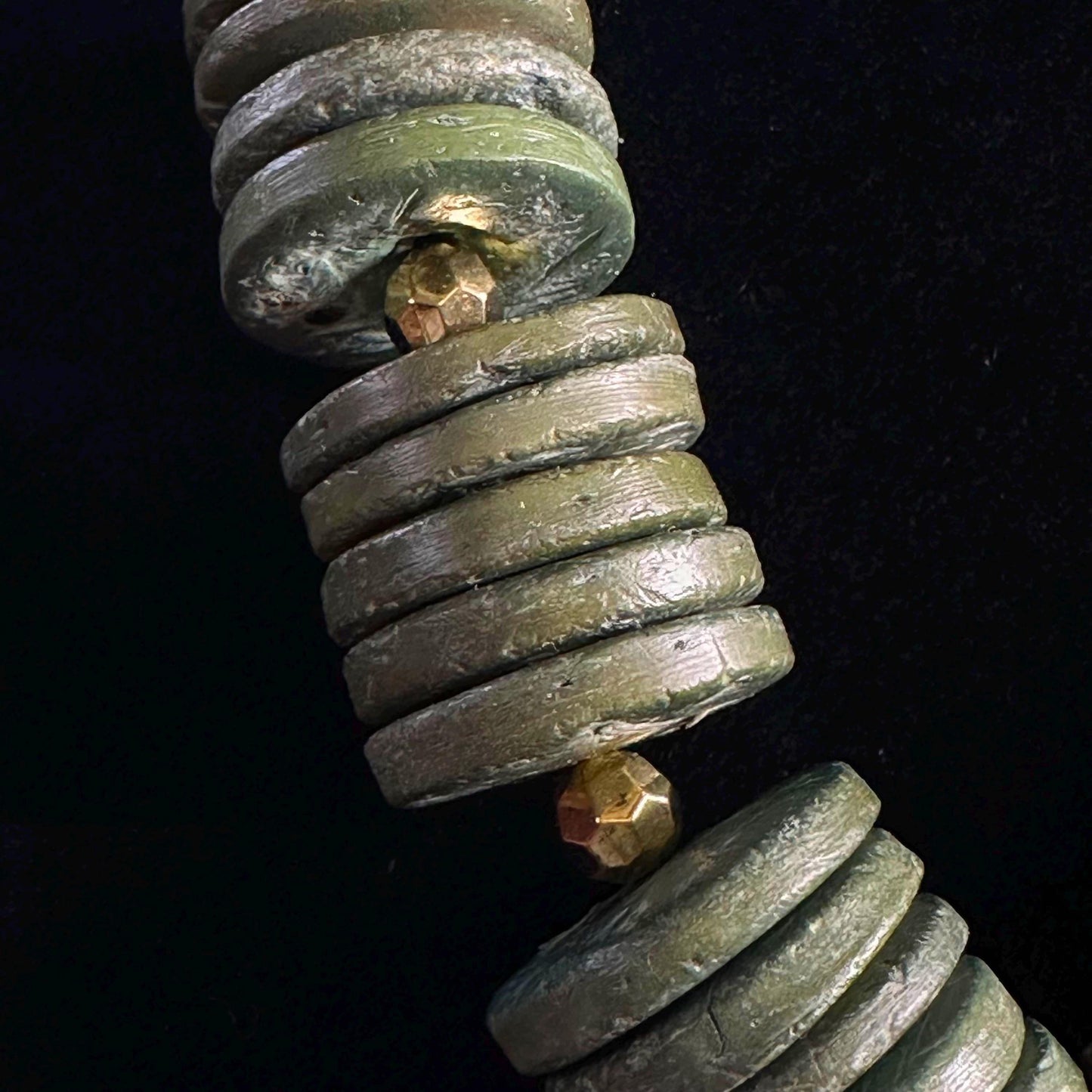 Green Coconut Shell Necklace: Chunky Wood Beads, Matte Gold Pendant