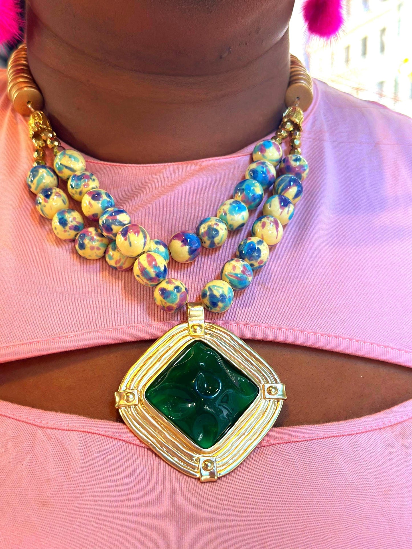 Ethnic Ceramic Bead Statement Necklace – Chunky Handmade Jewelry with Green Pendant – Bold Artistic Necklace – Tribal Neckwear by Risha