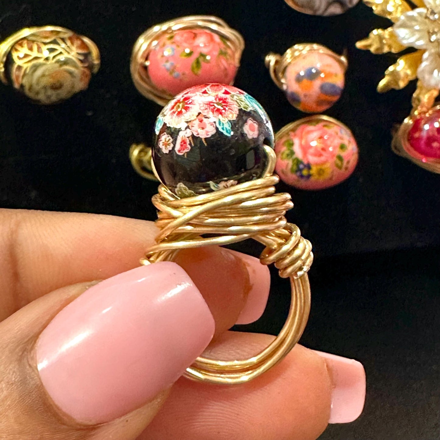 Black Japanese Floral Wire Wrapped Ring – Handmade Fixed Size Jewelry