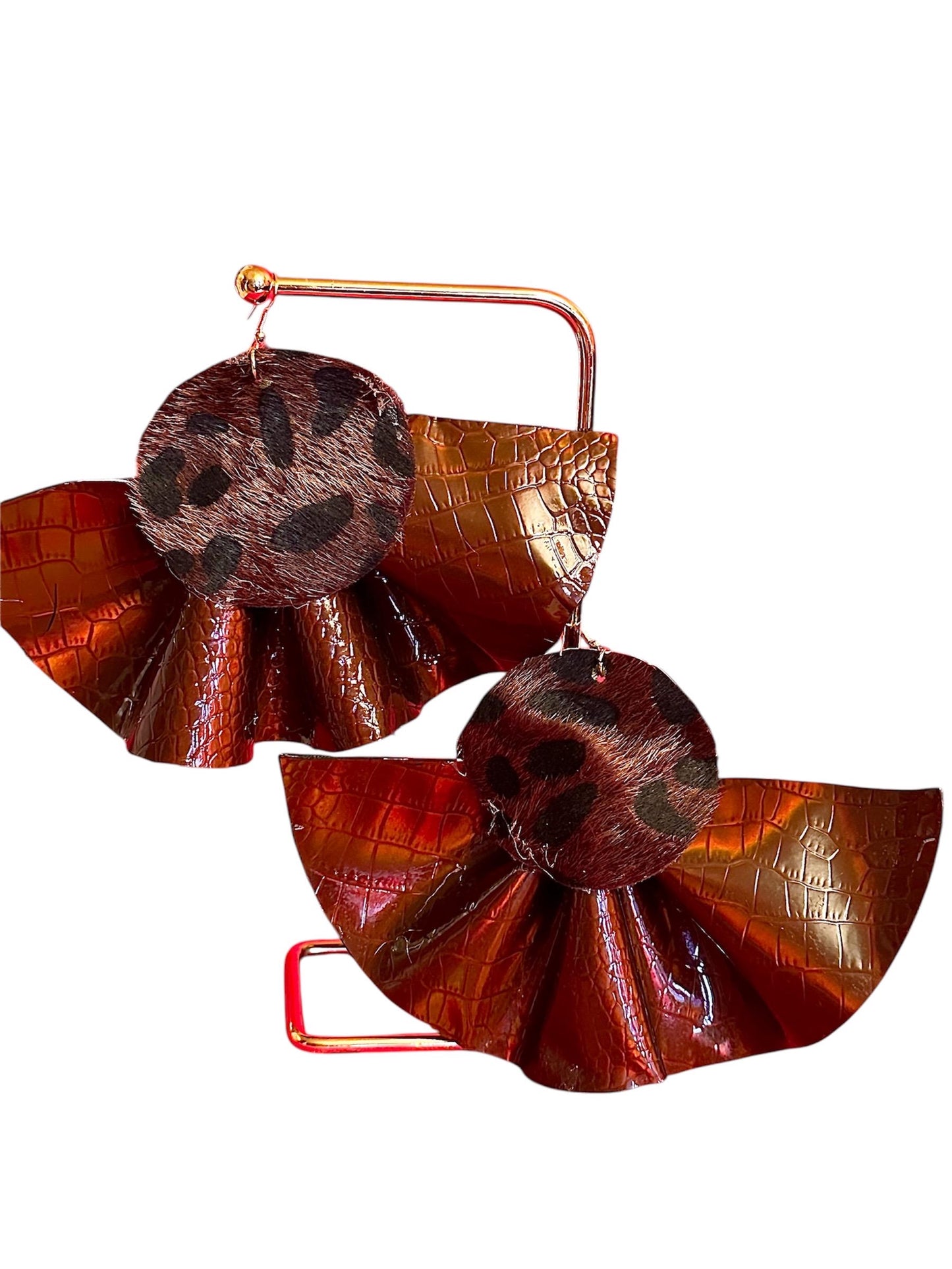 Snake Print Brown Handmade Earrings, Python Earrings Elegant Earrings Faux Leather Lightweight Earrings Ruffle Earrings Fabric Earrings New